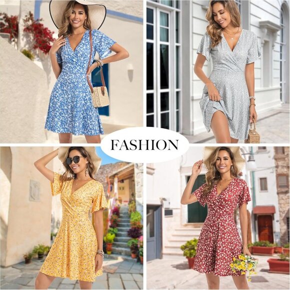 Womens Summer Floral Wrap Dress V-Neck A-Line Casual Vacation Midi - Picture 4 of 5